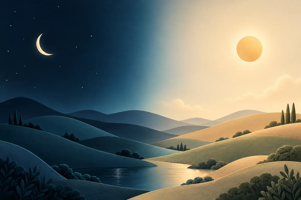 The same landscape under a midnight moon and the midday sun