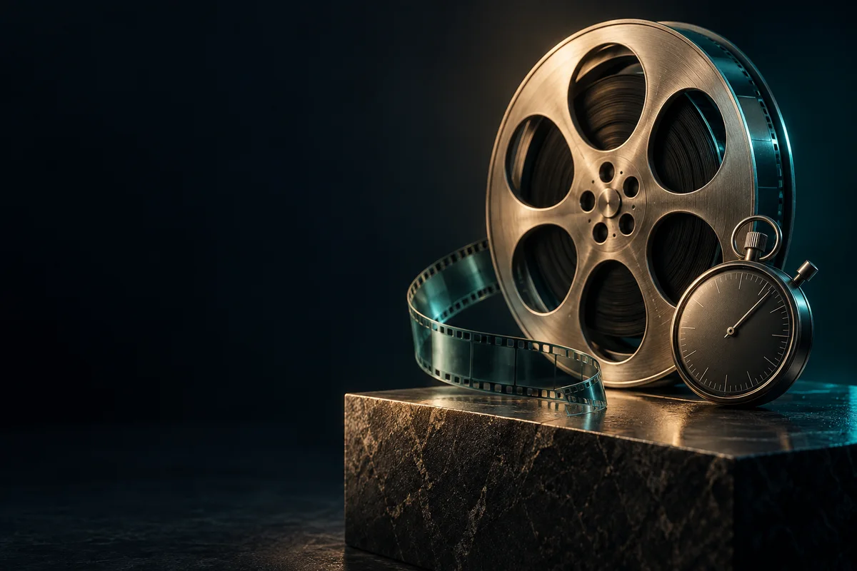 A film reel beside a precision clock